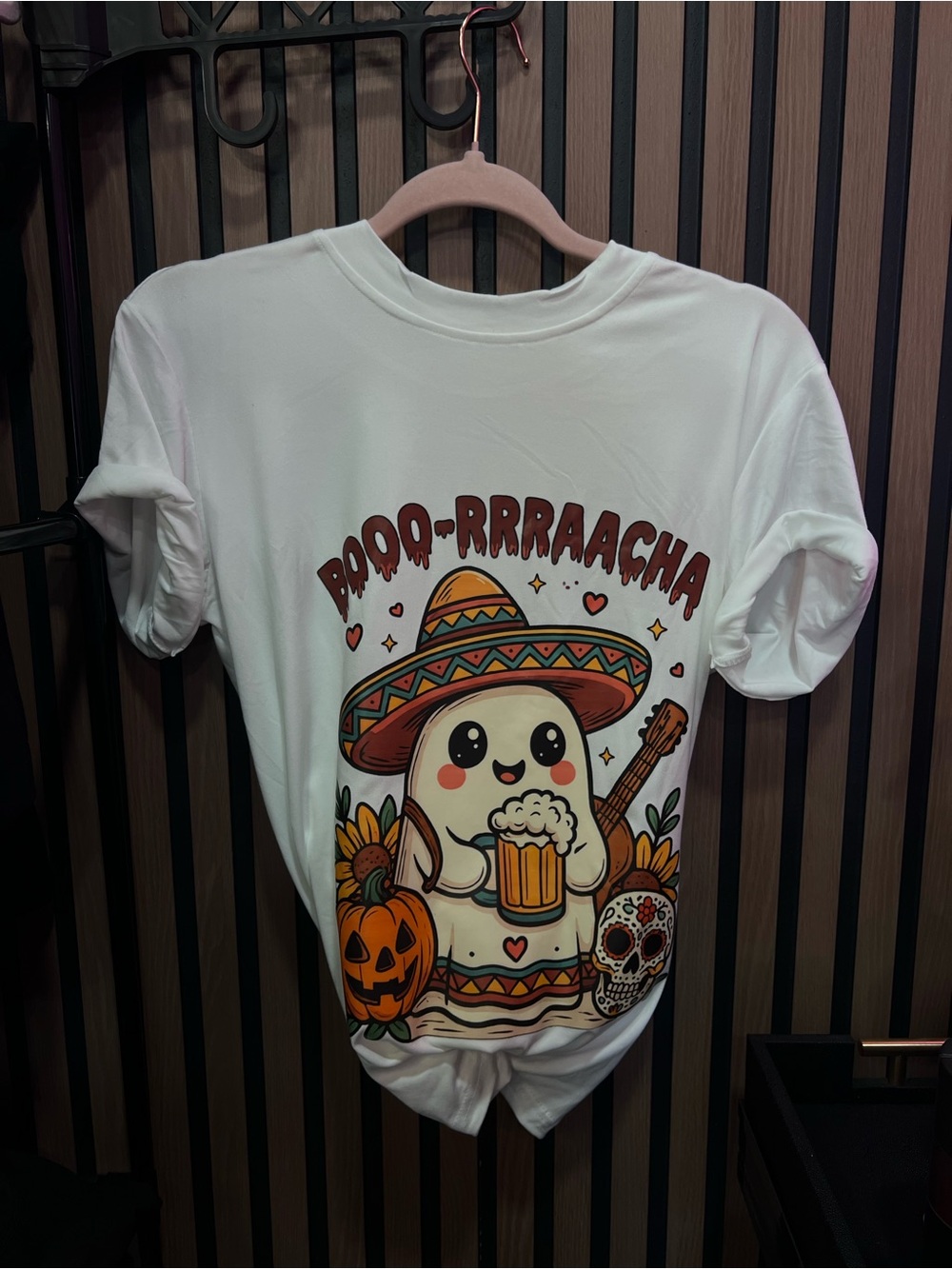 White Graphic Tee - Boo-Rrraacha Festive Ghost Print